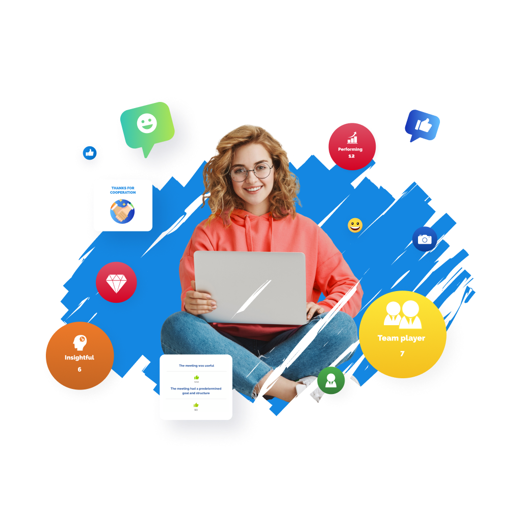 Smiling woman uses a laptop, surrounded by diverse digital and social media icons.