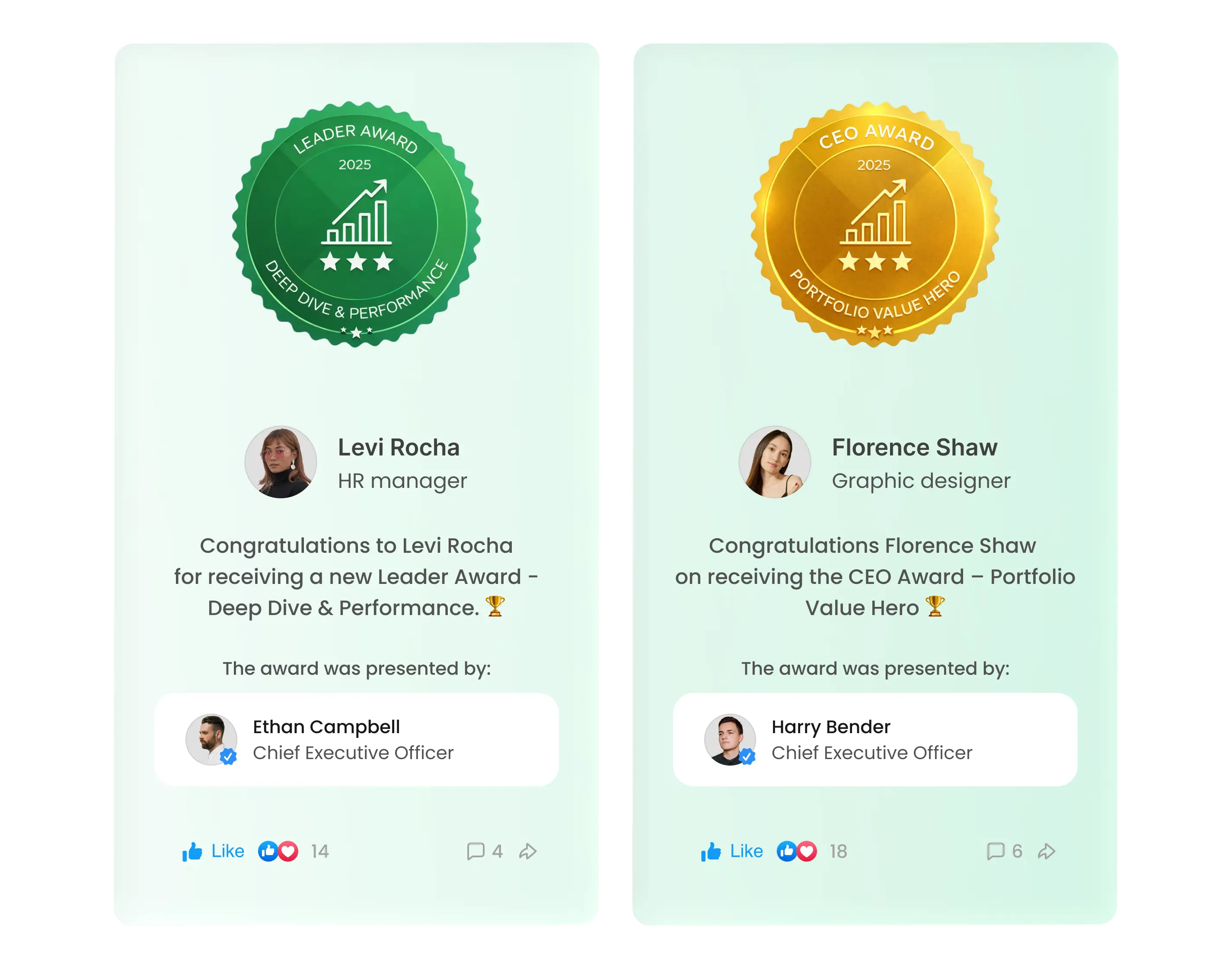 Levi Rocha receives a green 'Leader Award 2023' for deep dive performance.