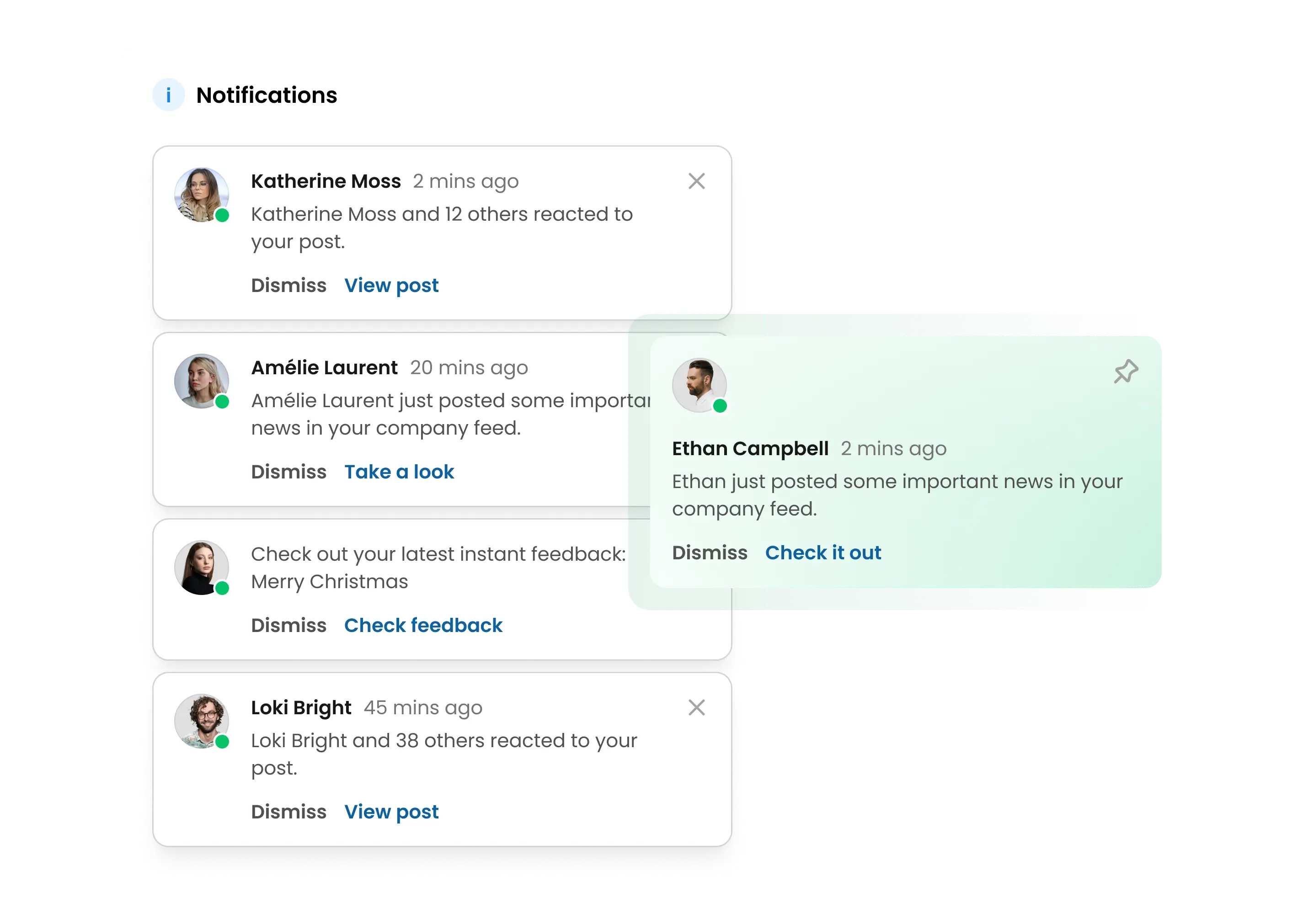 Two overlapping software UI screens displaying user notifications with avatars and interaction buttons.
