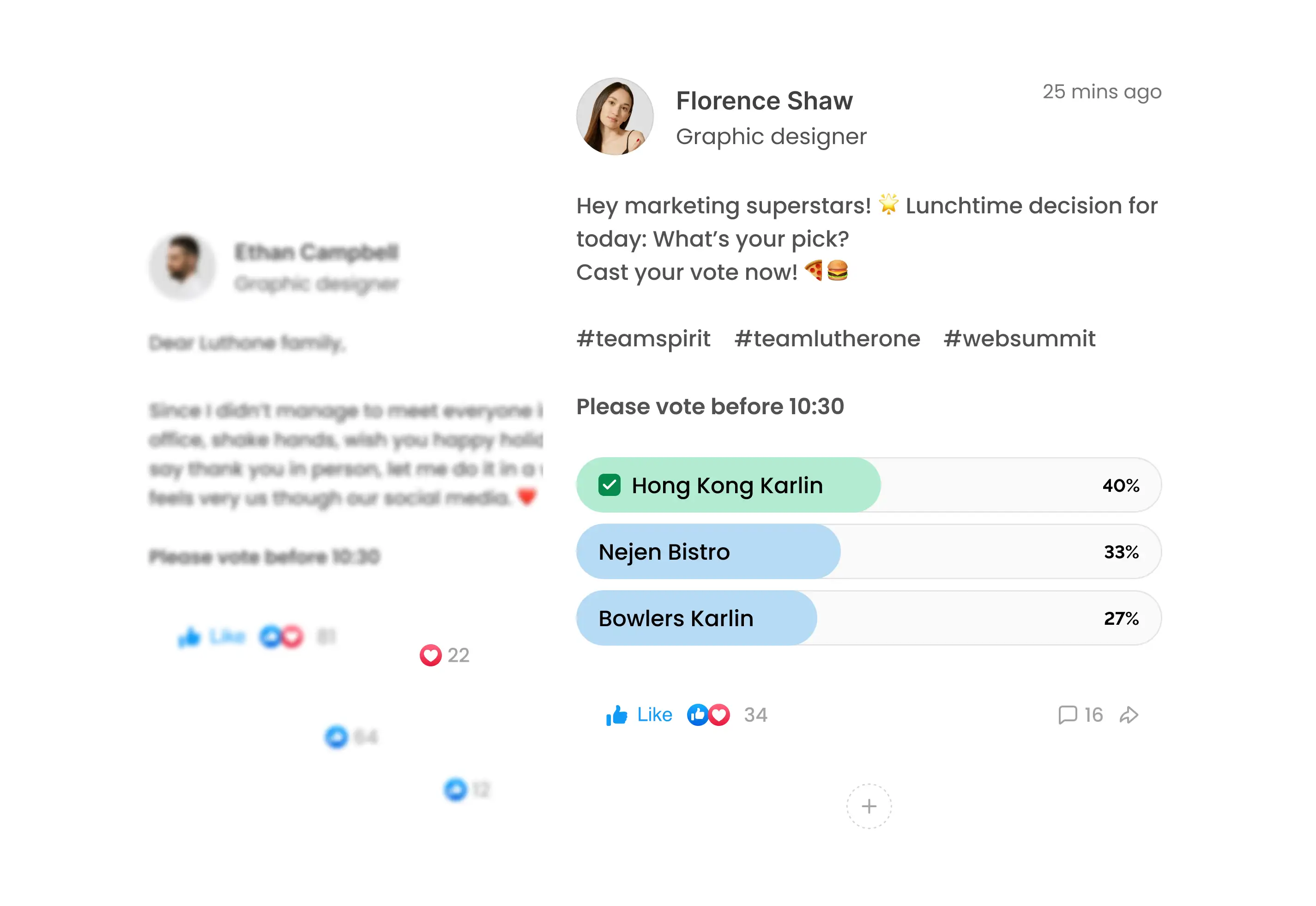 Social media interface with a poll asking users to vote on lunchtime restaurant options.
