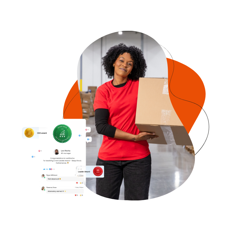 Smiling woman in a red shirt holds a package in a warehouse, with digital interface elements.