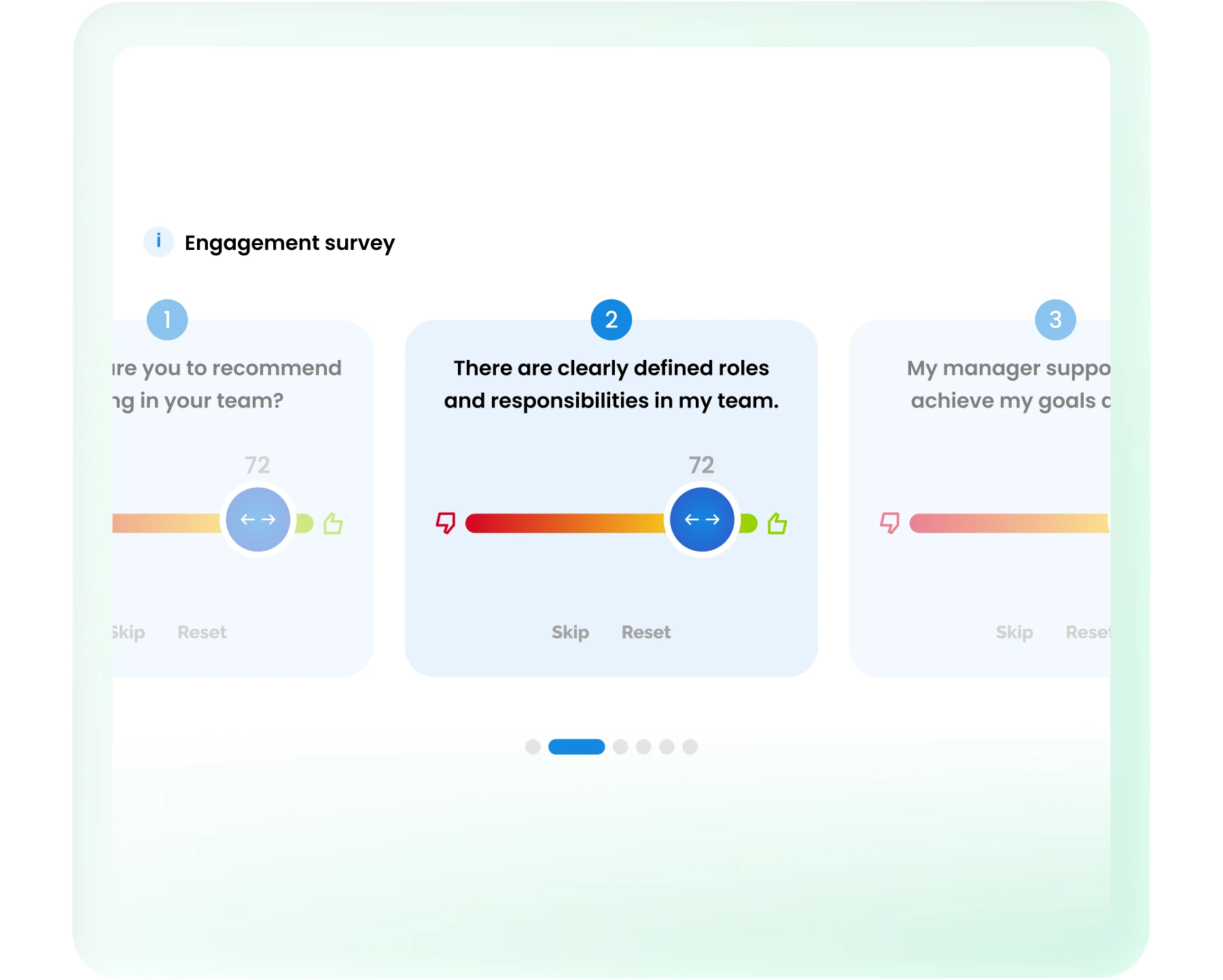 Digital engagement survey showing three questions with interactive sliders for feedback.