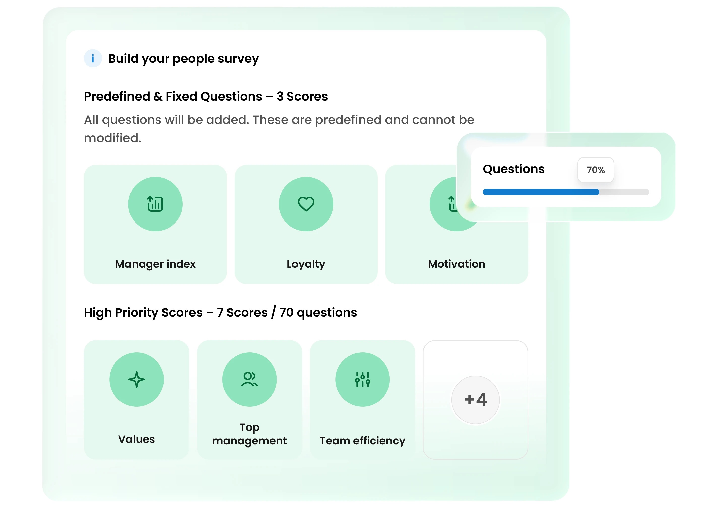 Screenshot of a survey builder interface with categories like 'Loyalty' and 'Engagement' and a progress bar.
