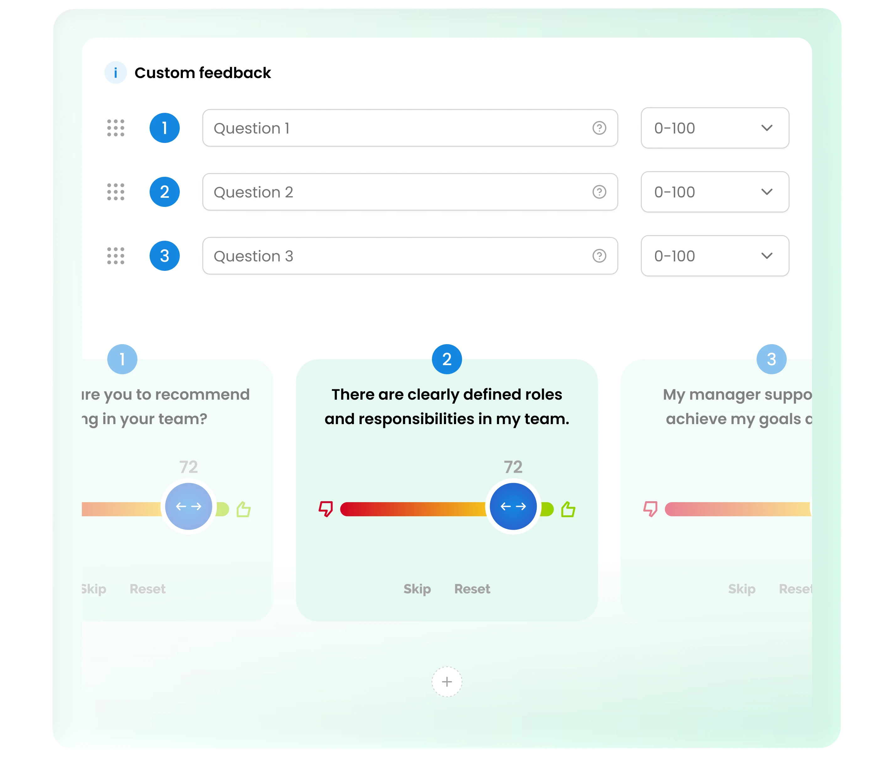 Interactive feedback interface with adjustable sliders for rating statements like roles and responsibilities.