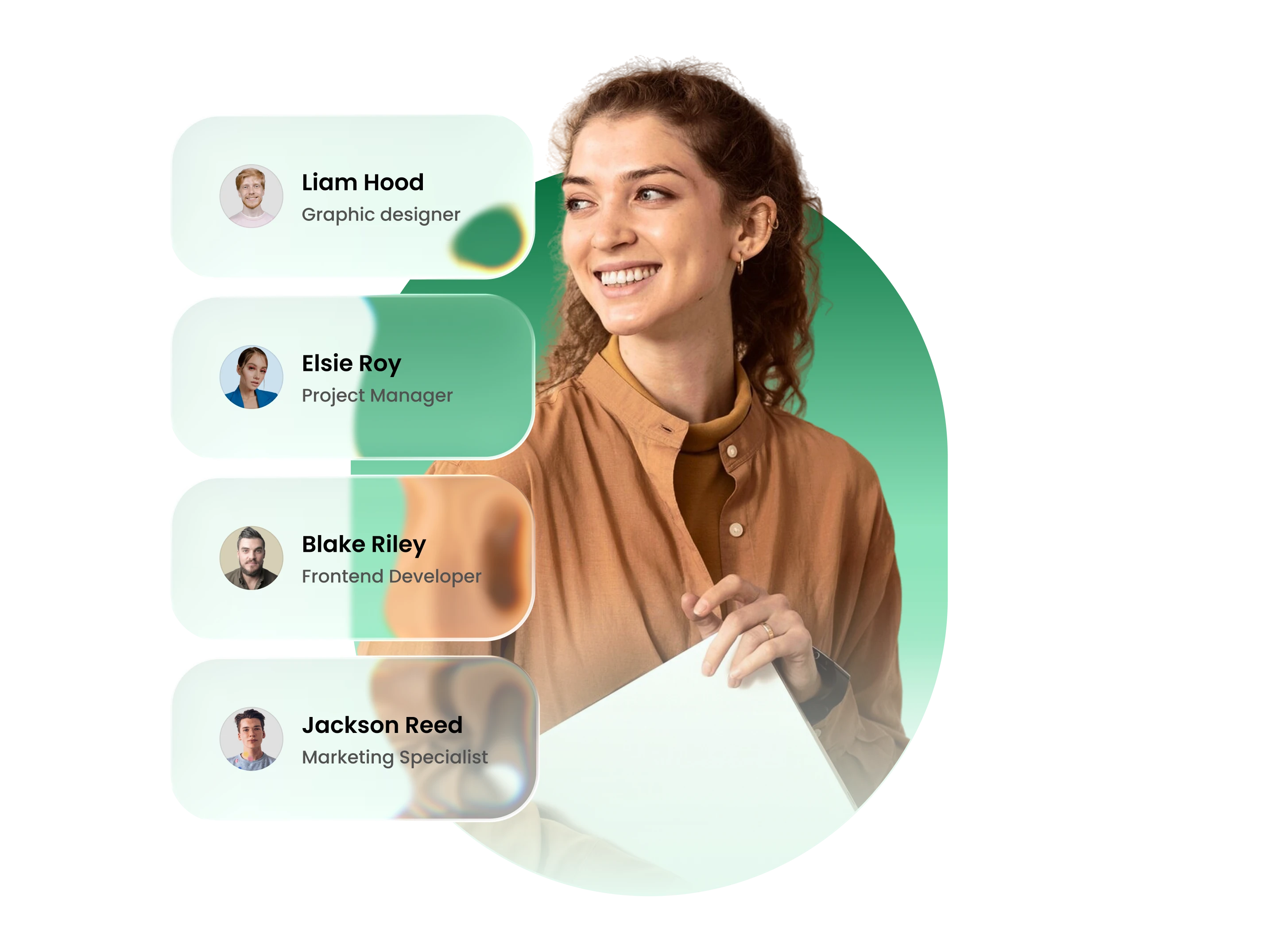 Smiling professional woman with four profile cards showing team members and their roles.